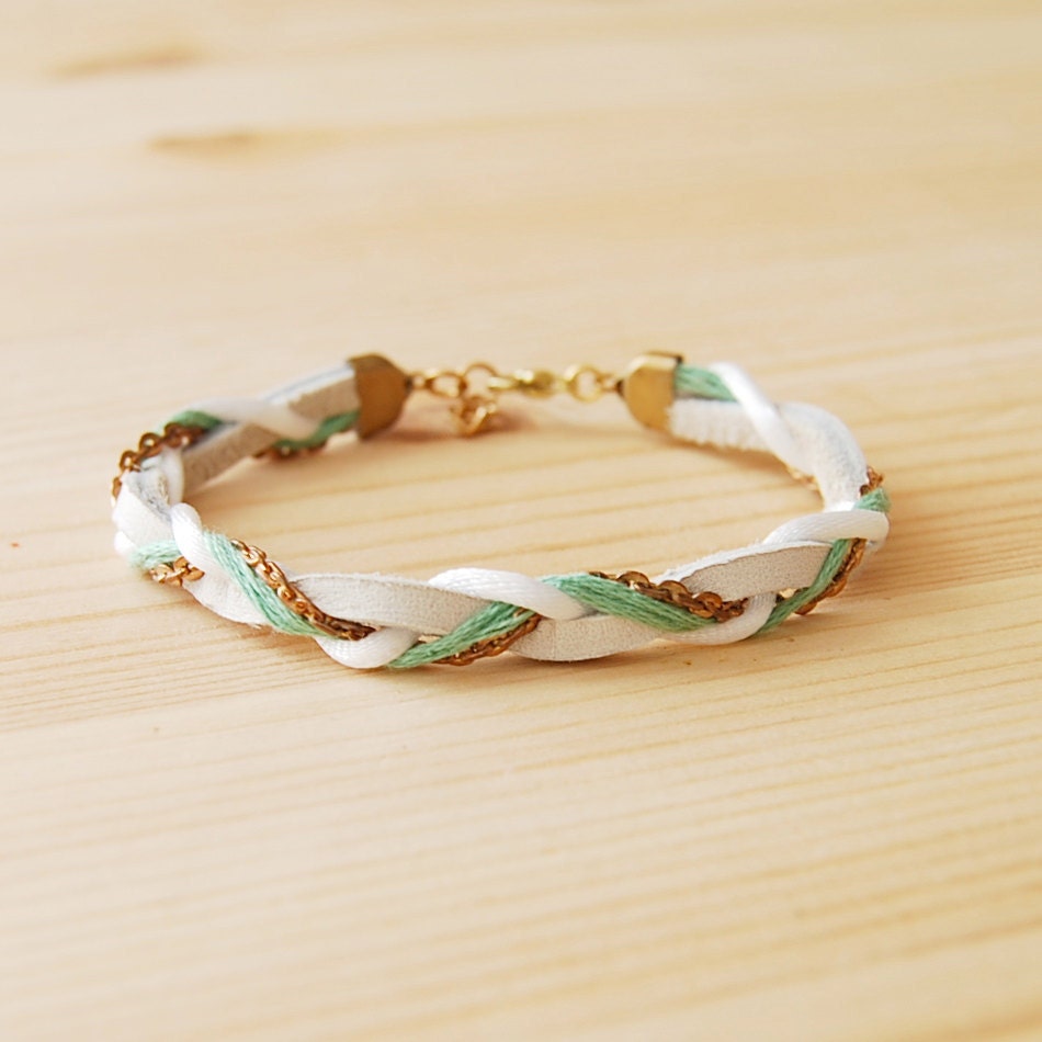 Leather & Brass Braided Bracelet in White and Seafoam Green, "The Bohemian"