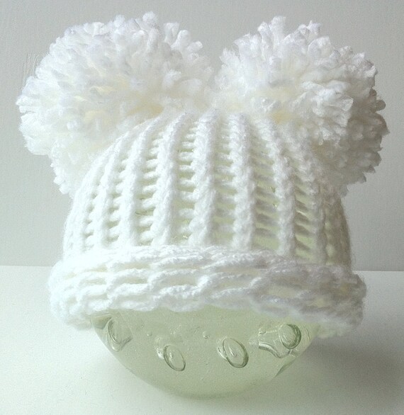 Baby Hat with Pom Poms Knit Solid White by inamooddesigns on Etsy