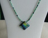 Dichroic glass square pendant on beaded necklace  SALE