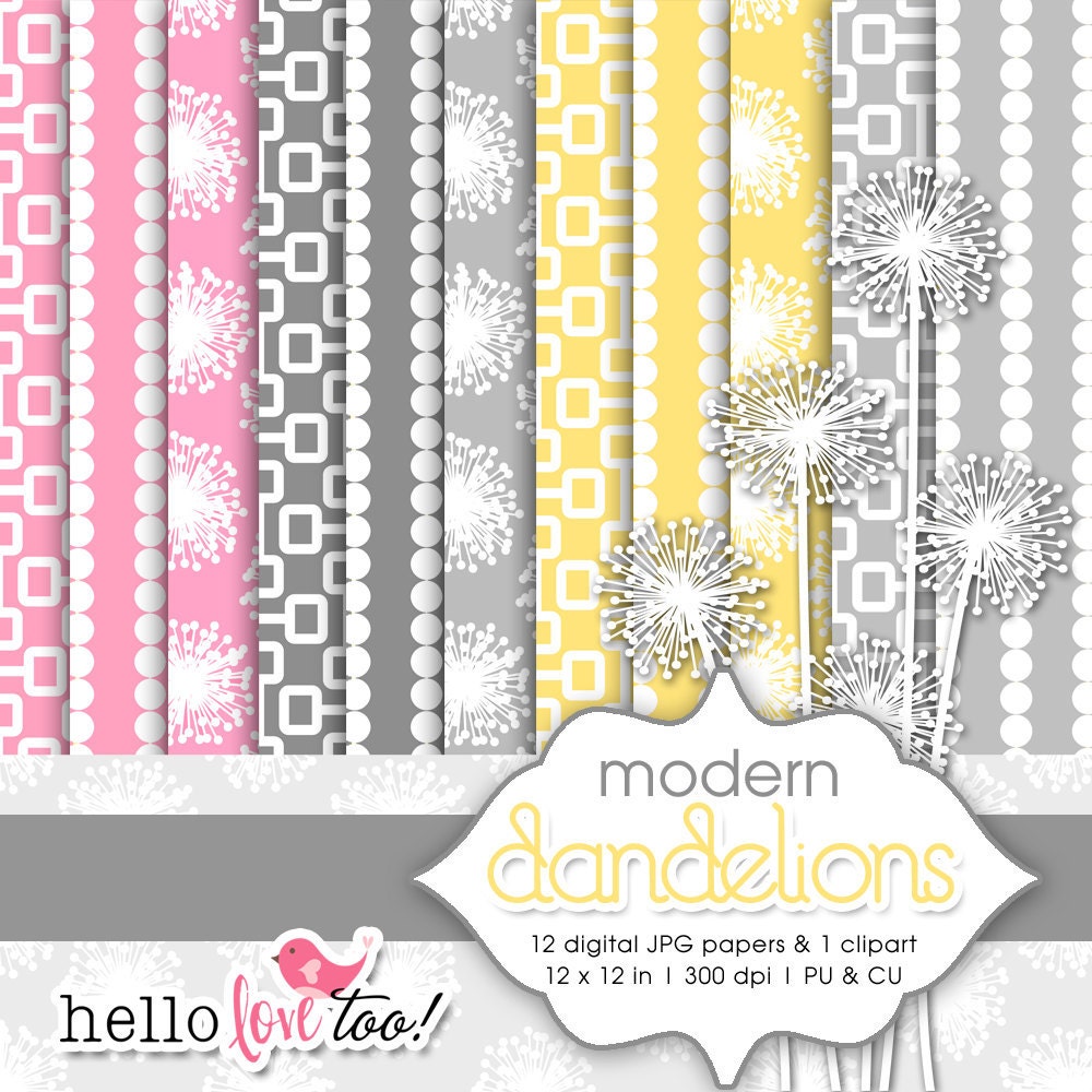 INSTANT DOWNLOAD modern dandelions digital papers - paper for scrapbooking, invitation design, party printables