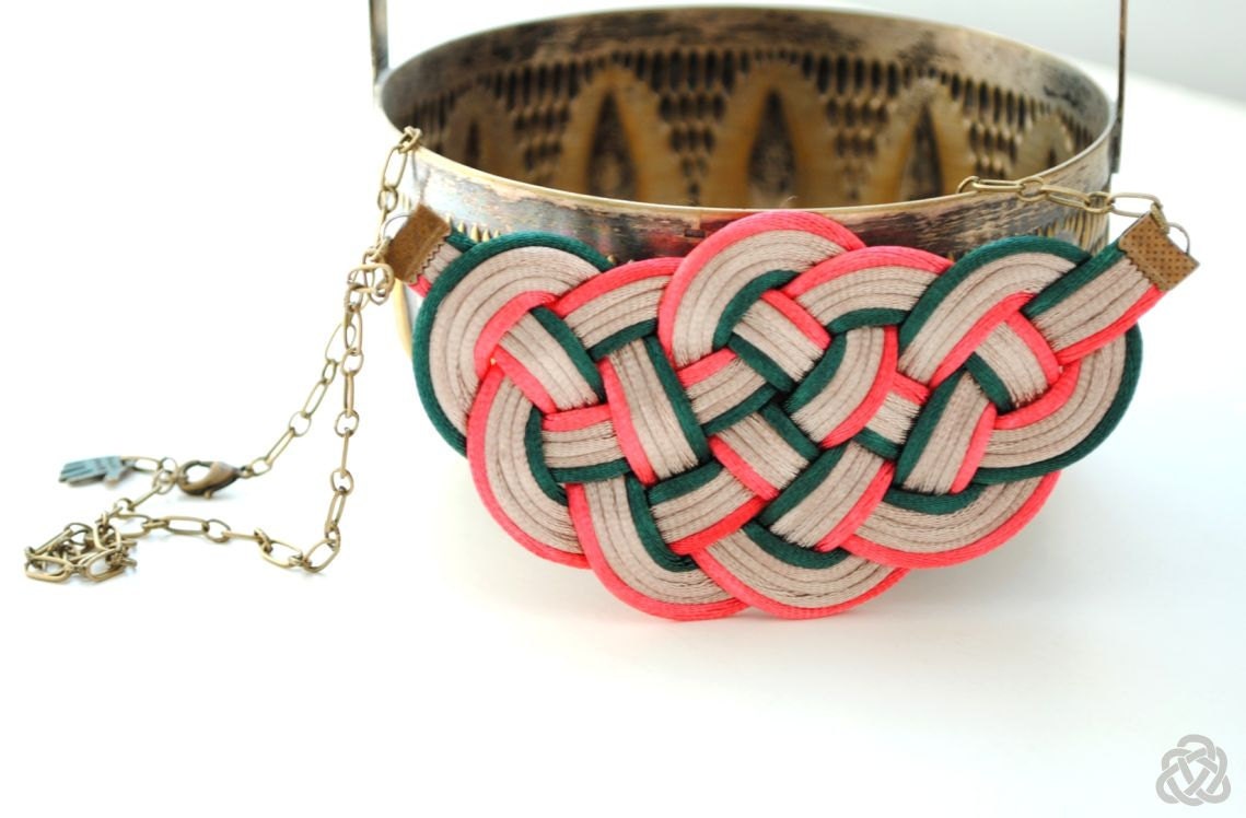 SALE 20% OFF - Big Knot Necklace Satin Cords Beige Nude Coral Pink Emerald Green Rope Jewelry, Spring Trends, Gift or Her