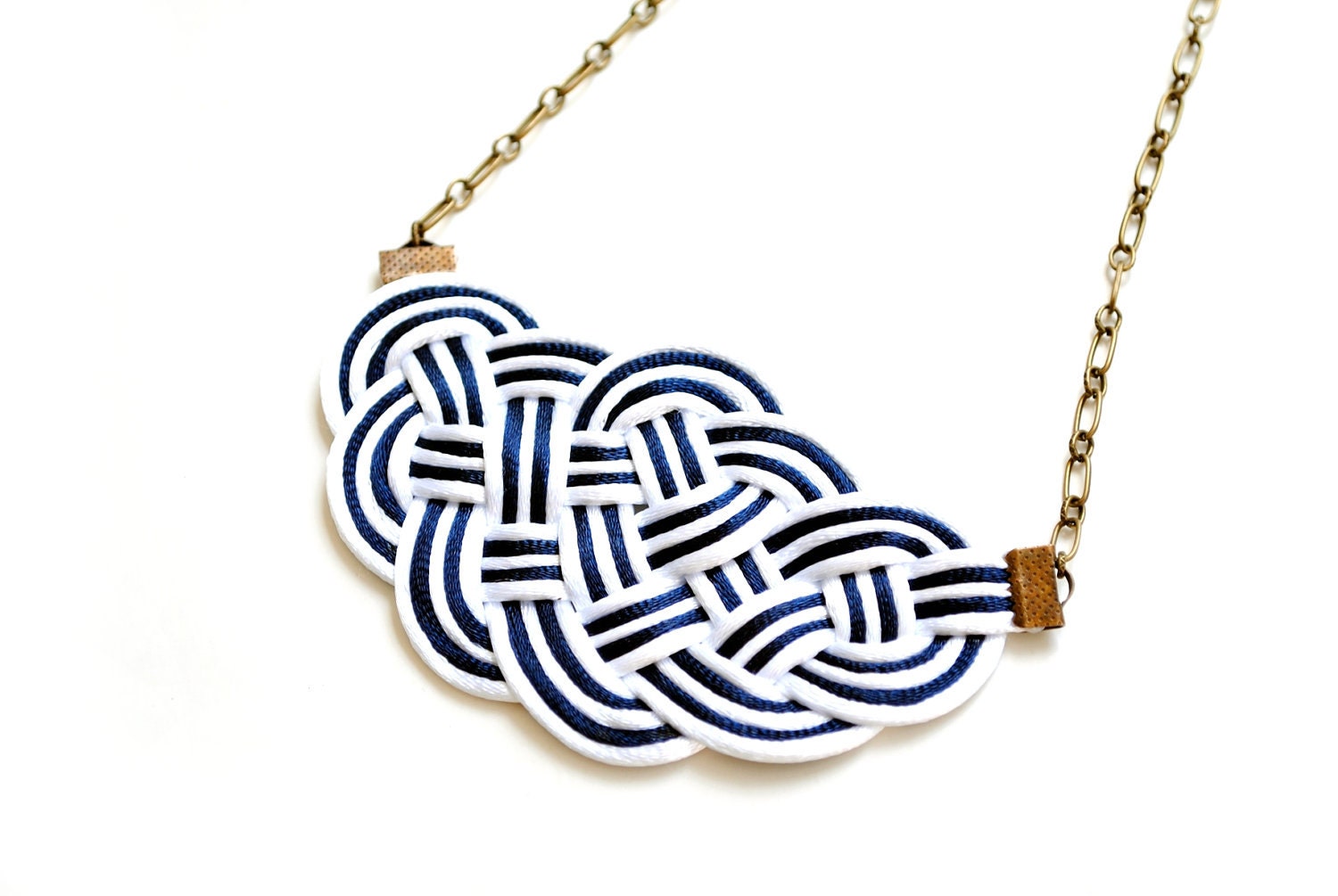 SALE 20% OFF - Big Sailor's Knot Necklace - white and navy satin cords - nautical style
