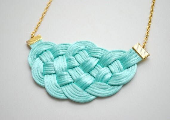 Knotted rattail necklace in mint and gold - nautical - pastel turquoise - summer trends