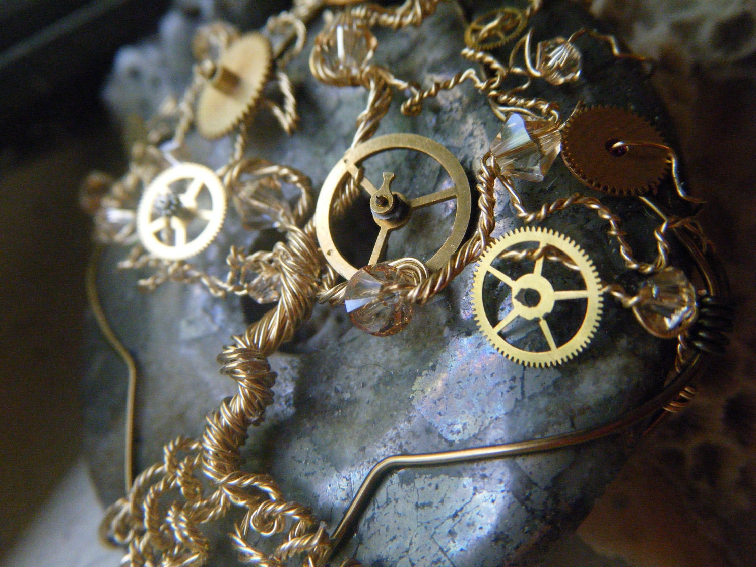 Steampunk Tree of Life Pendant -  Pyrite and Swarovski Crystals - Gold and Watch Gears - fool's gold - Whimsical - JbellsGems