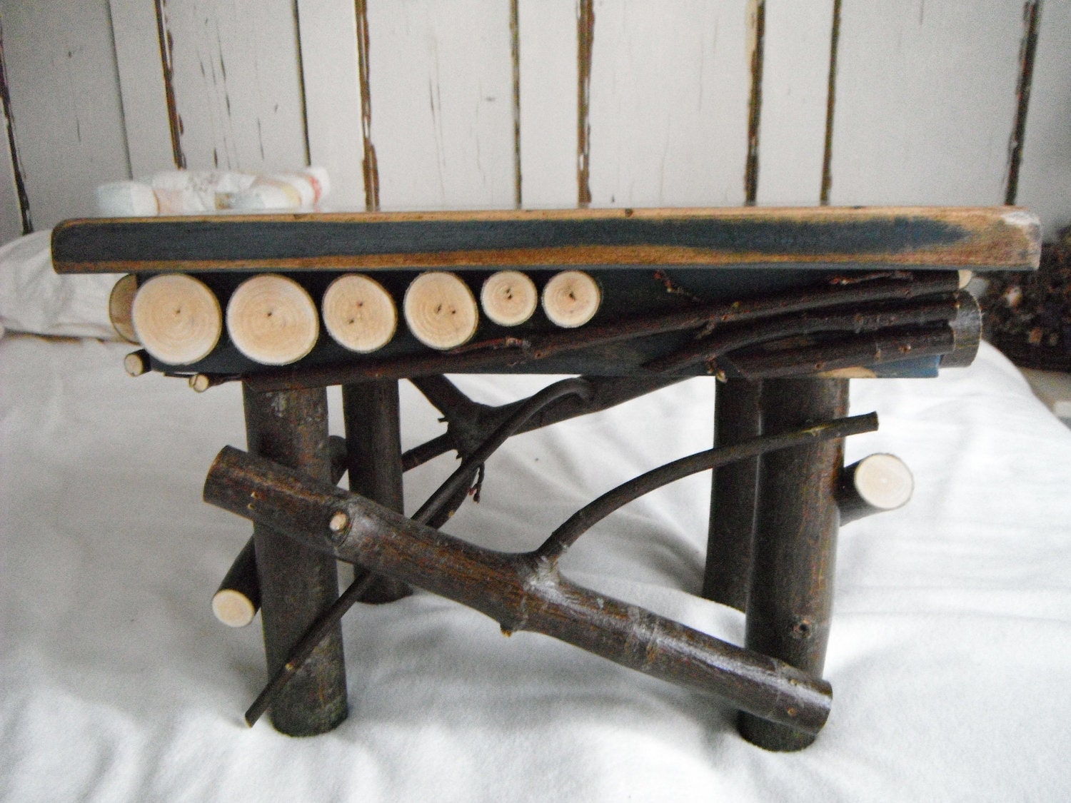 Twig Footstool, Primitive, Rustic, Folk Art, Maple Hardwood, Soldier Blue, Primitive Furniture, cottage furniture, Twig Furniture, Cottage