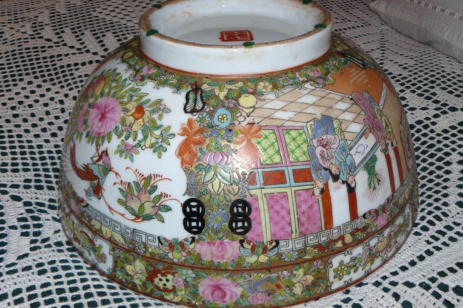 Vintage Period Marked Ethnic Chinese Rose Medallion Punch Bowl Early 1900's to Mid-Century Made