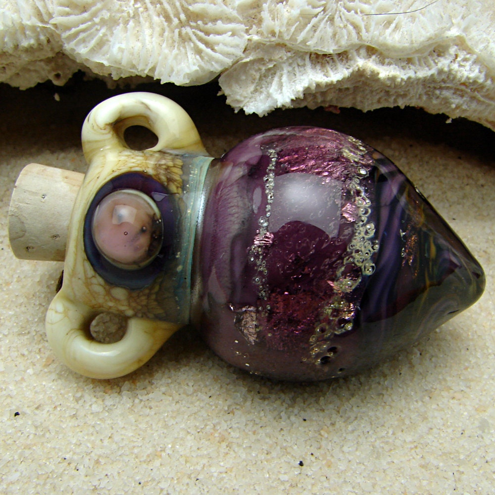 Lampwork Glass Vessel Necklace OOAK Blown Corked Bottle Pendant on Satin Cord
