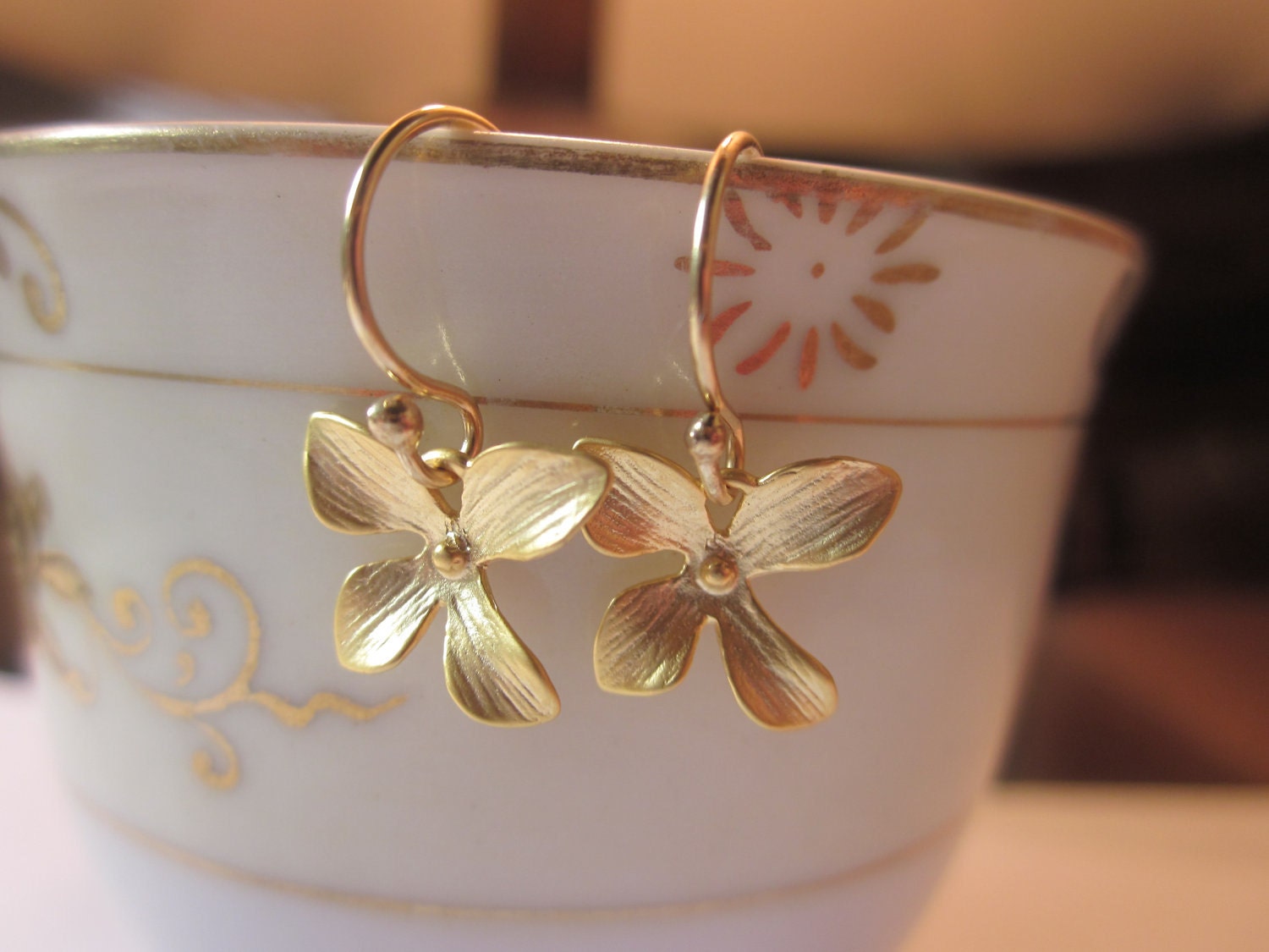 Gold Orchid Earrings Flower Jewelry - Bridesmaid Earrings - Bridal Earrings - Christmas Gift - Gift under 20