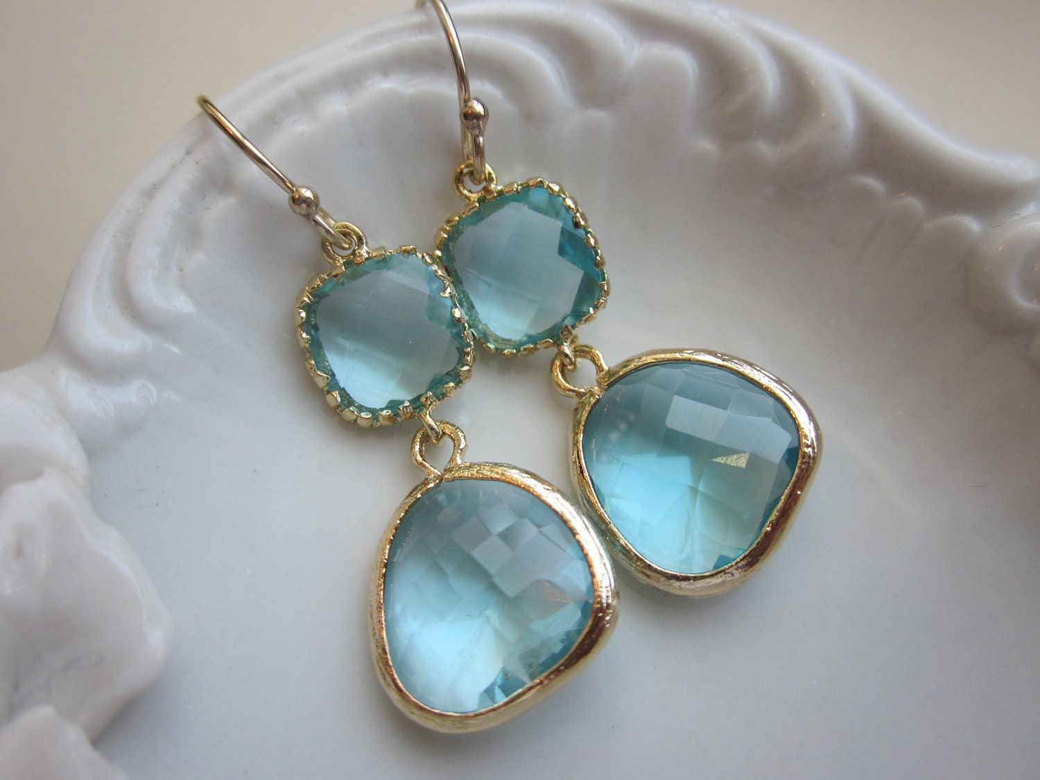Aquamarine Earrings Gold Two Tier Blue Earrings - Bridesmaid Earrings Wedding Earrings Christmas Gift