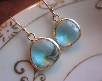 Aquamarine Blue Earrings Gold Plated - Bridesmaid Earrings - Wedding Earrings - Bridal Earrings
