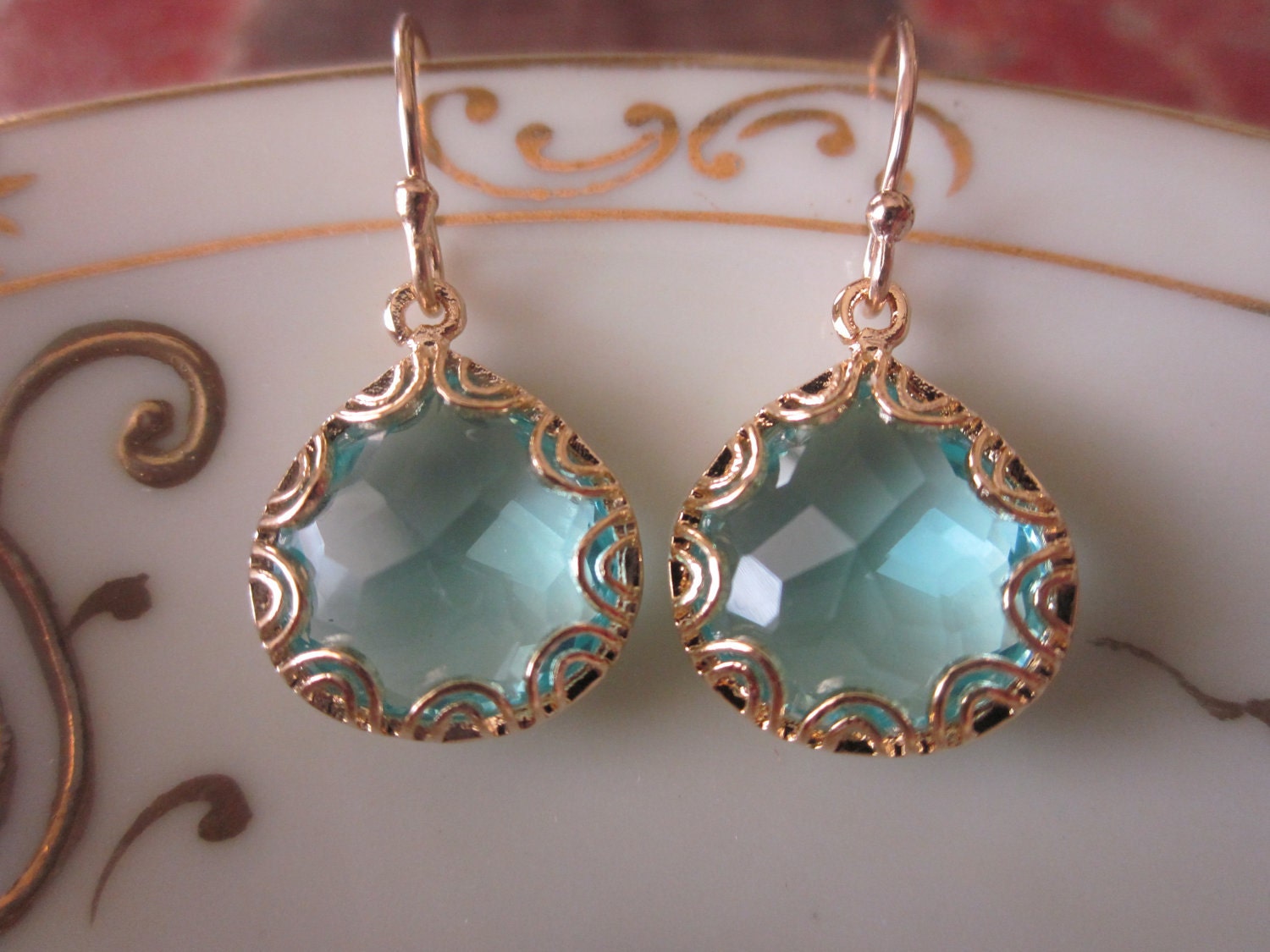 Gold Aquamarine Earrings - Pear Shape with Gold Design - Bridesmaid Earrings - Wedding Earrings - Christmas Gift
