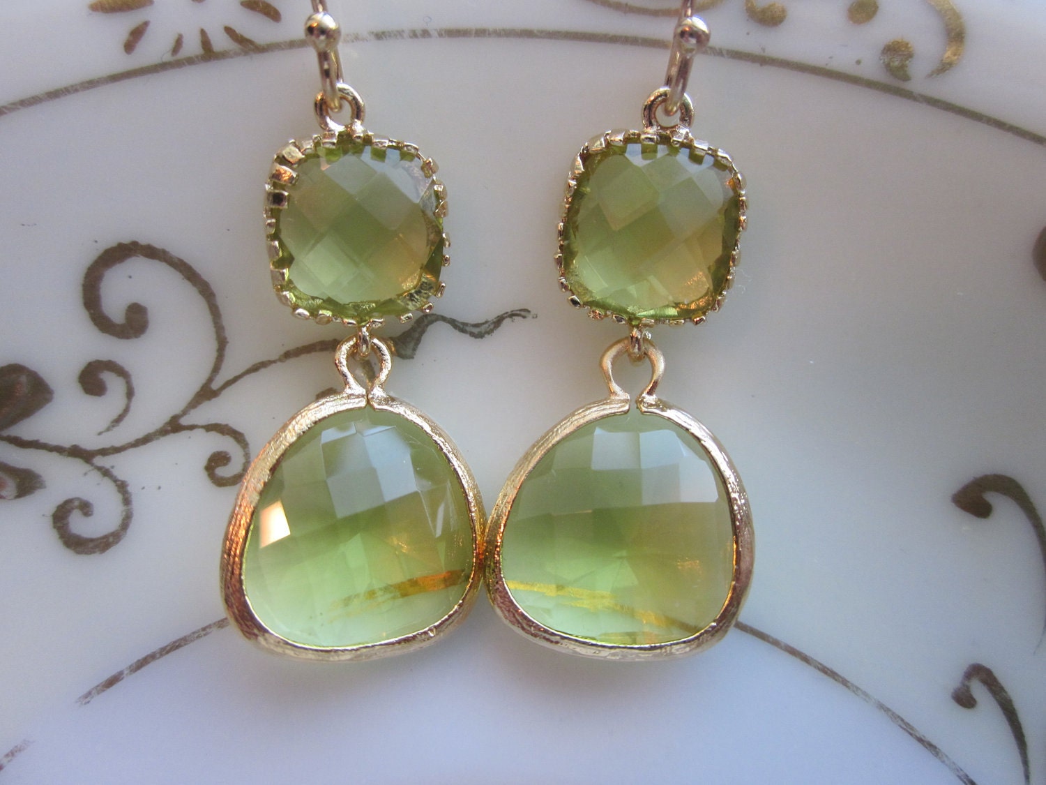 Peridot Earrings Green Apple Two Tier Gold Plated - Bridesmaid Earrings Wedding Earrings Christmas Gift