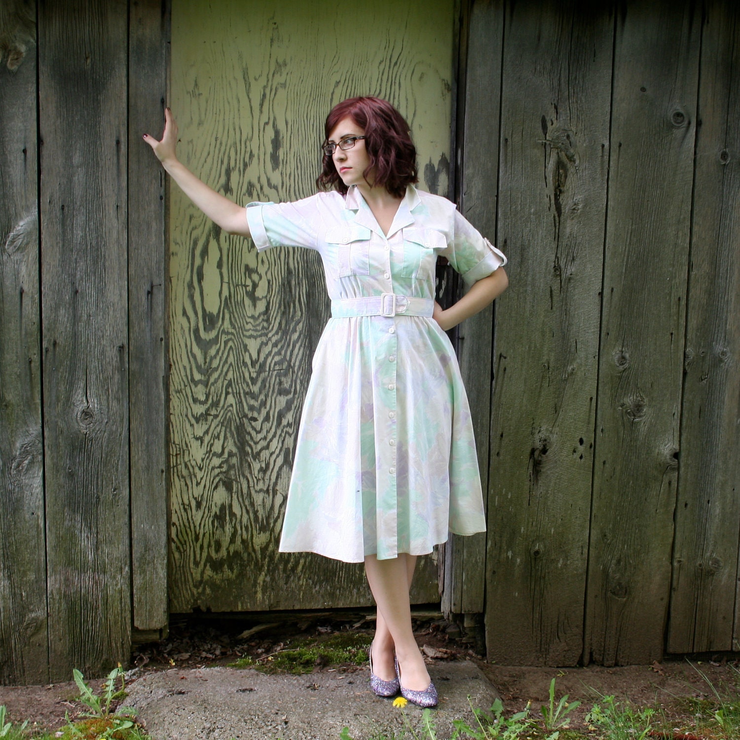 Vintage 1980s Women's Pastel Mint Green Cotton Button Up Day Dress Pockets Cuff Short Sleeve