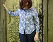 Vintage 1980s Women's Pastel Purple Floral Denim Button-Up Blouse