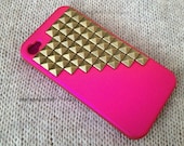 FREE Shipping US -- Gold Brass Studs iPhone 4 4S Hot Pink Rubberized Matte Studded Phone Case AT&T Verizon Sprint