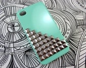FREE Shipping US -- Silver Studs iPhone 4 4S Mint Light Green Glossy Hard Plastic Studded Phone Case AT&T Verizon Sprint