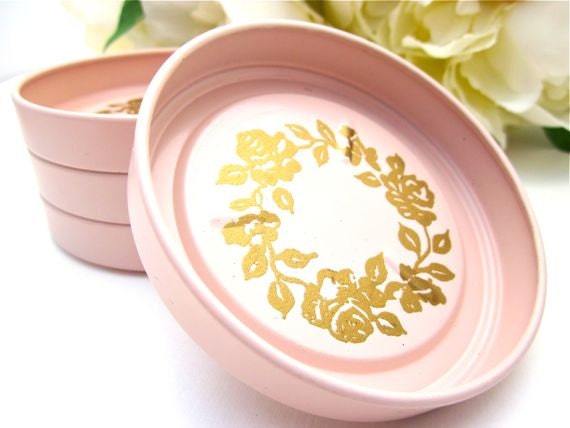Vintage Coasters, Home Decor Shabby Chic Pink Gold Enamel Round