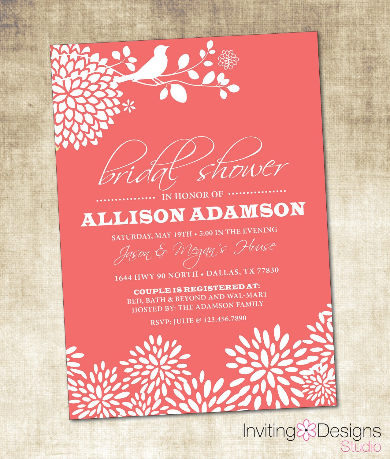 Coral Bridal Shower Invitation (PRINTABLE FILE)
