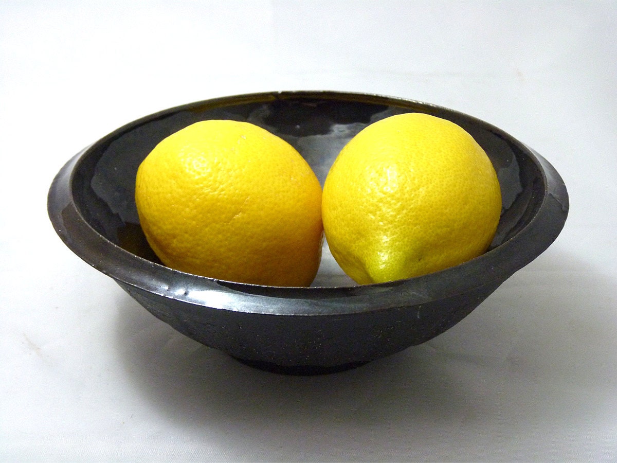 Carved Black Clay Bowl with Dark Amber Glaze