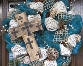 Deco Mesh Rustic CROSS, BURLAP and ANIMAL Print Wreath