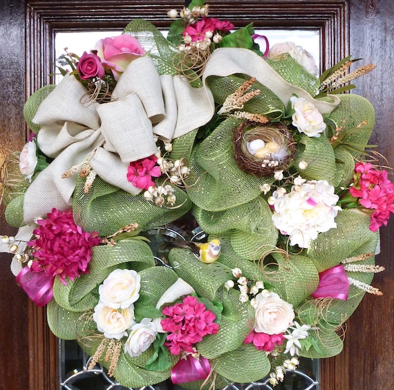Deco Mesh SPRING WREATH with Natural Burlap Bow