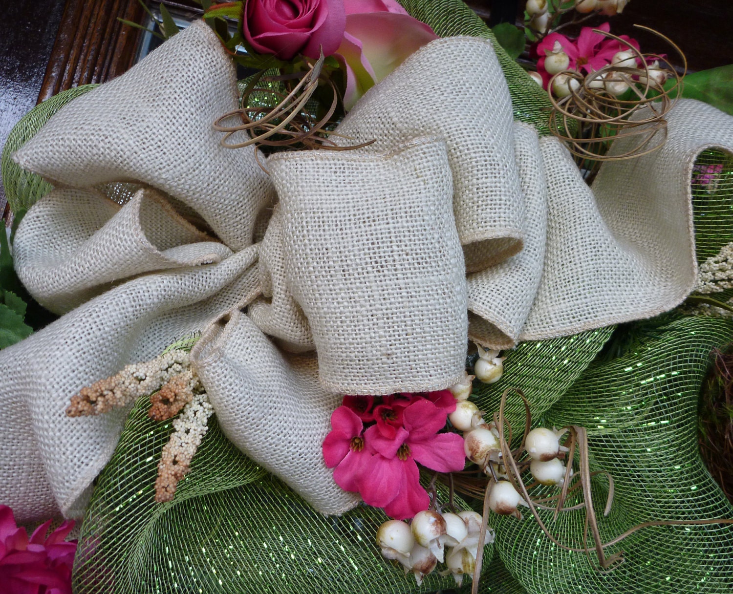 Deco Mesh SPRING WREATH with Natural Burlap Bow
