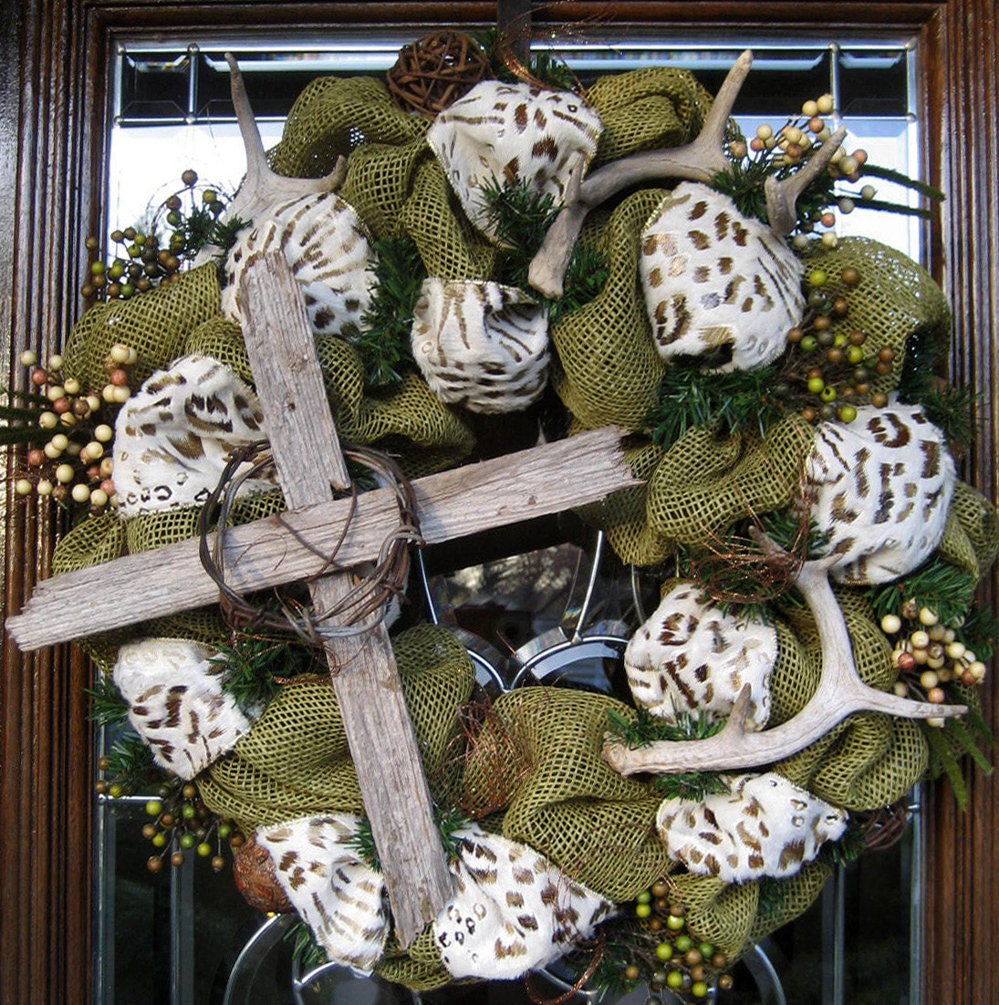 RUSTIC CROSS and ANTLER Burlap Wreath