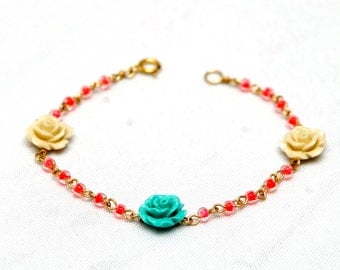 HOT pink, turquoise, cream Rose bracelet. 14kt gold filled