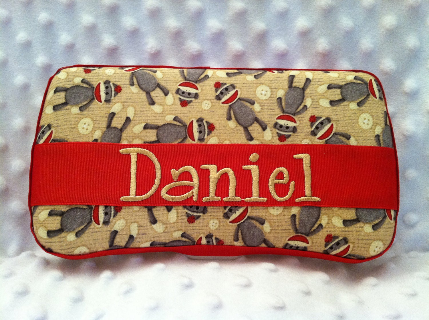 Custom Personalized Sock Monkey with Name Embroidered Boutique Diaper Baby Wipes Case Red, Khaki, Gray, Beige Buttons