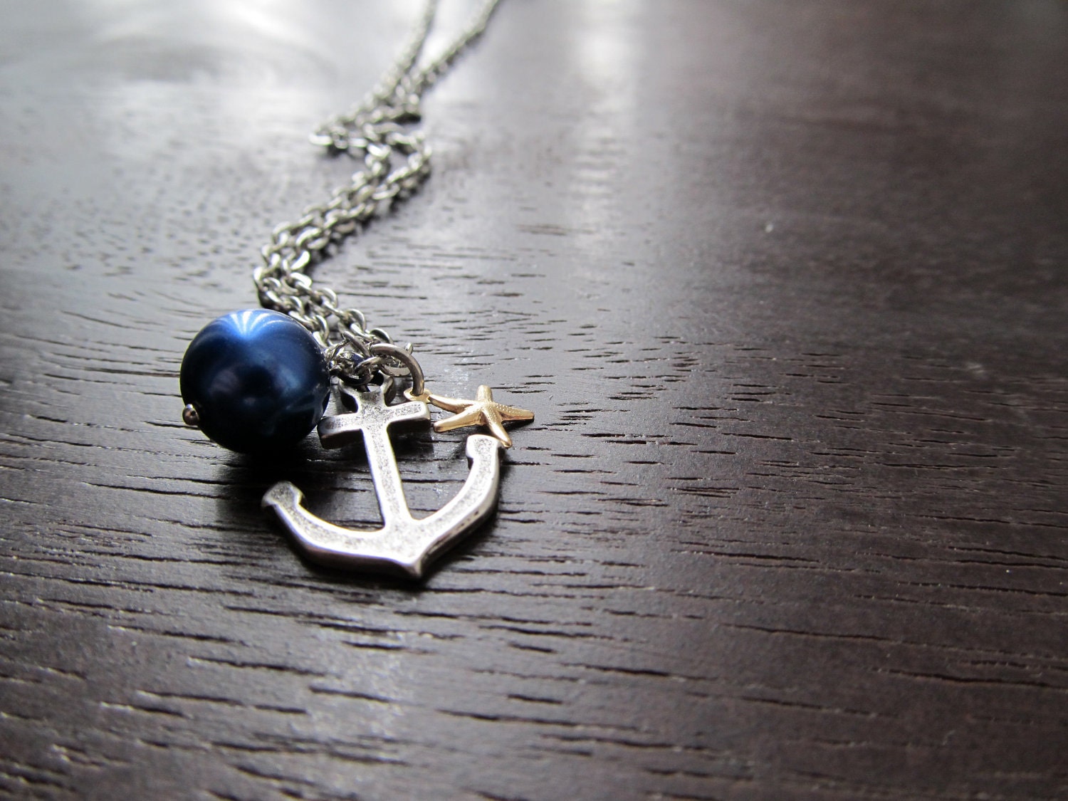 Nautical Chic, 16k gold filled Starfish, Navy Glass Pearl, Antiqued Silver Anchor Necklace