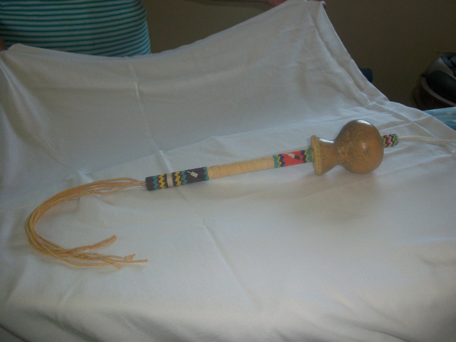 Hand-Beaded Peyote Stitch Natural Gourd Rattle