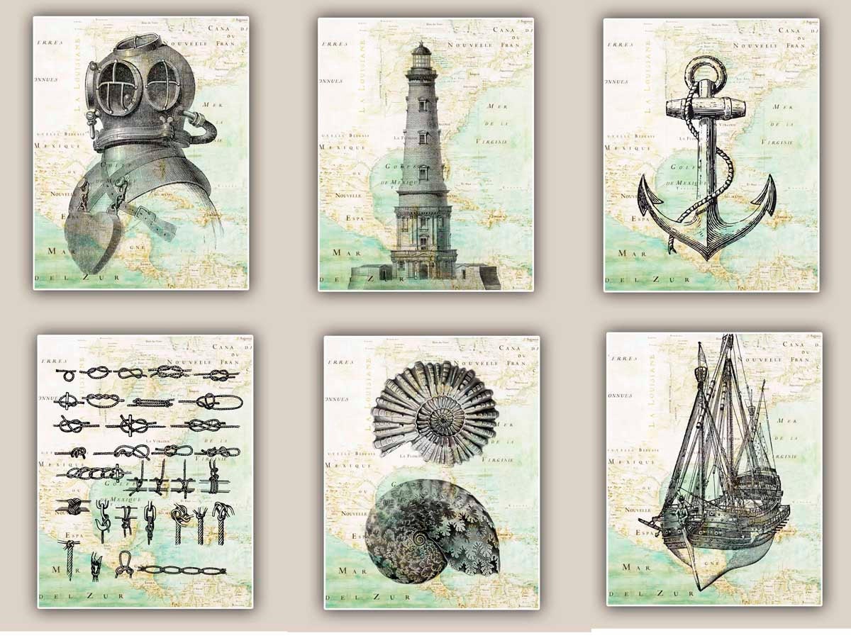 Nautical art Prints, diver helmet, ammonites, anchor, lighthouse, sailor knots, war ship, Set of 2 prints 11'x14', beach cottage decor