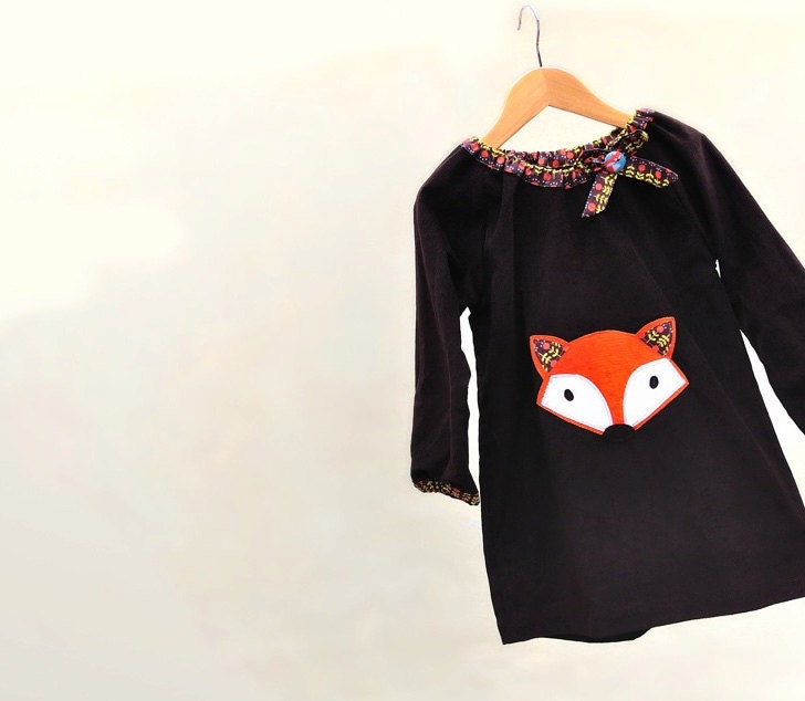 GIRLS FOX DRESS chocolate corduroy -sizes 6m,12m,18m,2t,3t,4t,5t,6t etsymom