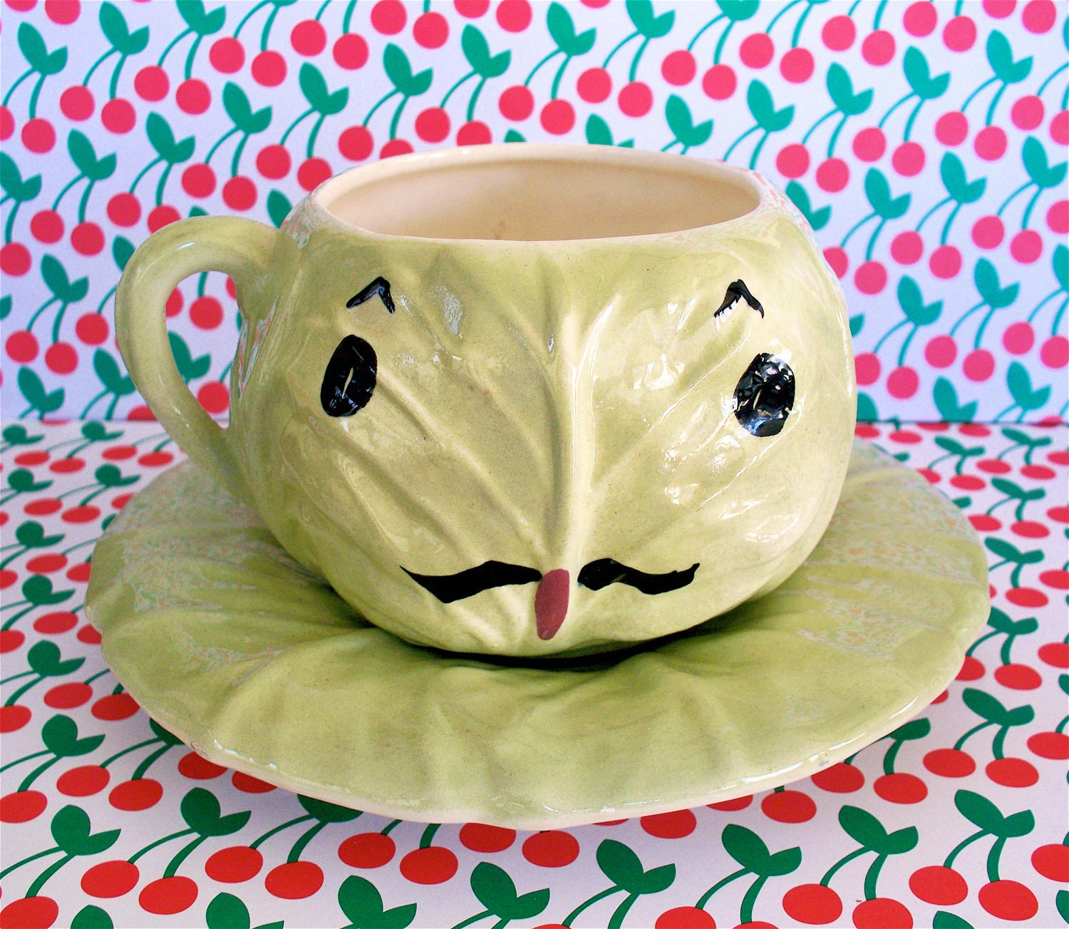 Vintage Kitsch Cleminson of California Head of the House Cabbage Cup and saucer with Mustache