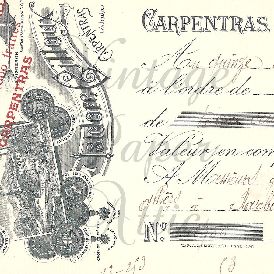 1901 Antique French Document Receipt Pretty Engraving Typography and Handwriting from Vintage Paper Attic