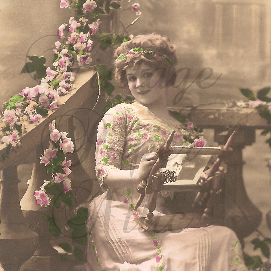 Antique French Tinted Photo Postcard Pretty Woman with Embroidery Frame RPPC from Vintage Paper Attic