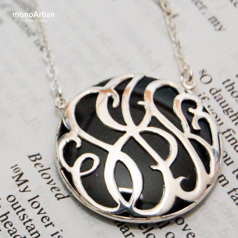 monogram necklace -Sterling silver&Onyx necklace
