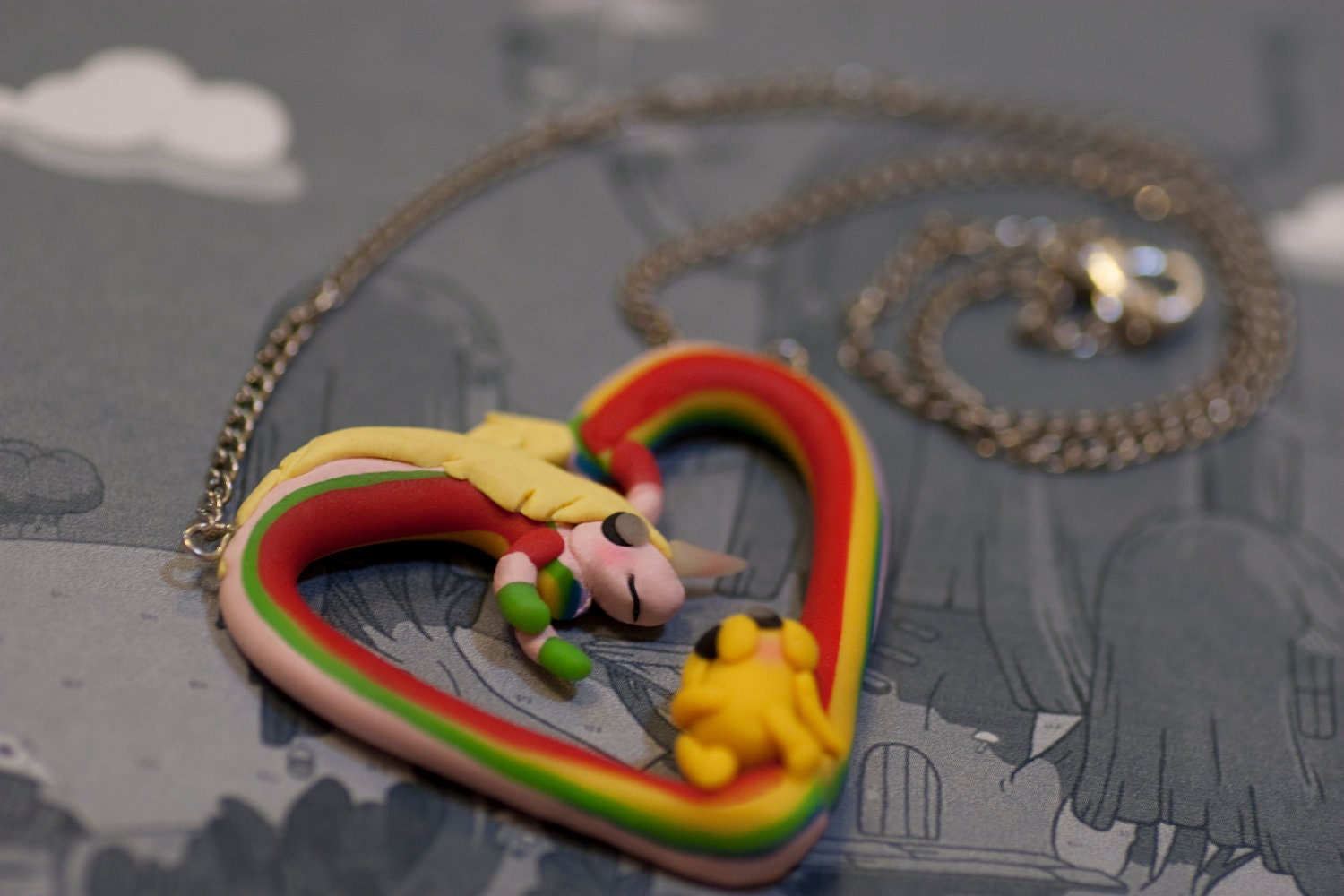 Adventure Time Lady Rainicorn and Jake Heart Necklace