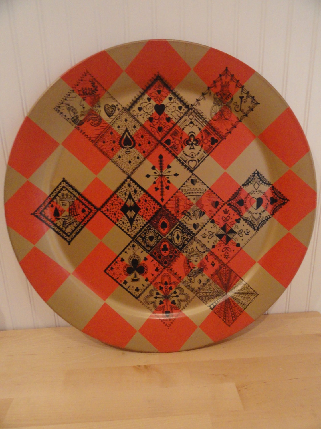 Vintage Large Metal Serving Tray with Harlequin Motif