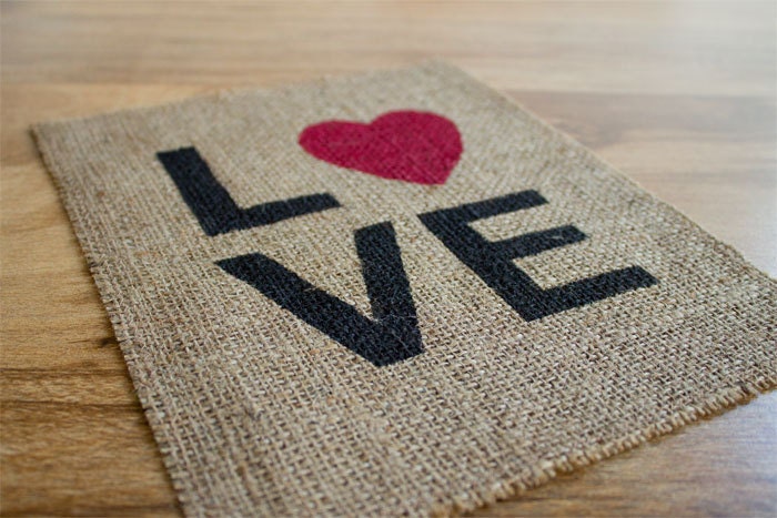 Burlap wall decor - LOVE, typography, sign, Valentine's Day
