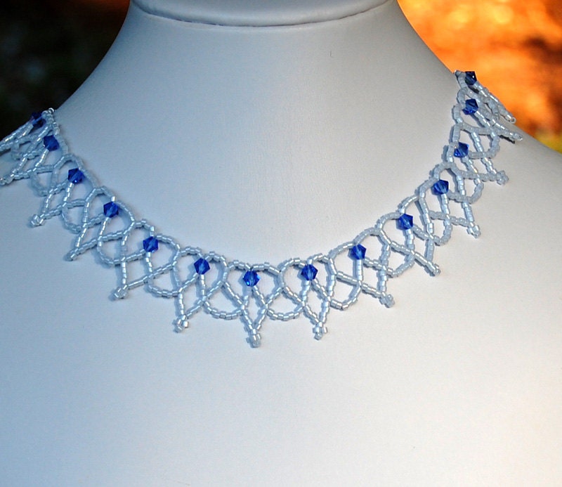 Sapphire Swarovski & Light Blue Bead Lace Choker - Statement Beadwork Necklace