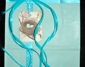 Handmade Gift Bag with Bird's Nest Gift Tag, Turquoise Polkadot Ribbon & Raffia Ribbon.