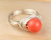 Sterling Silver Filled Ring - Wire Wrapped with Coral Colored Swarovski Pearl - Any Size- Size 4, 5, 6, 7, 8, 9, 10, 11, 12, 13, 14