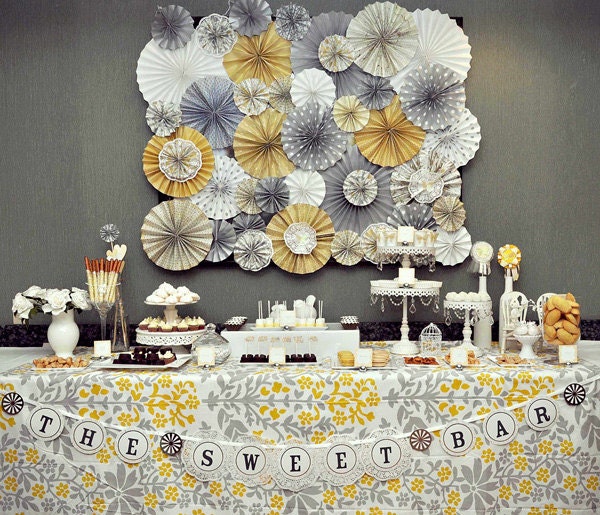 Romantic Yellow & Gray Vintage Wedding Ka-Lollie Paper Rosette Backdrop for Dessert Table / Shower/ Nursery (Featured on HWTM)