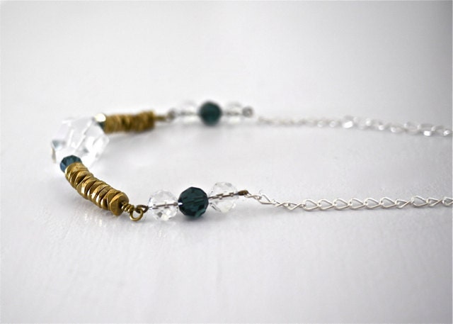 Beaded Brass necklace with clear quartz -- FREE SHIPPING for Christmas