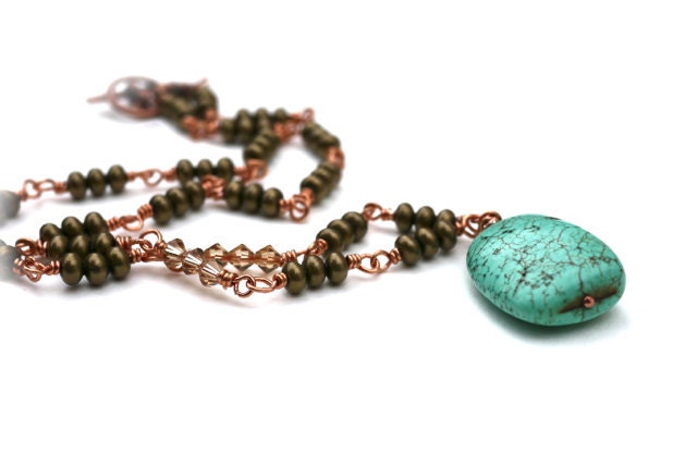 Turquoise necklace,Turquoise pendant necklace,blue turquoise gemstone,brass beaded chain necklace