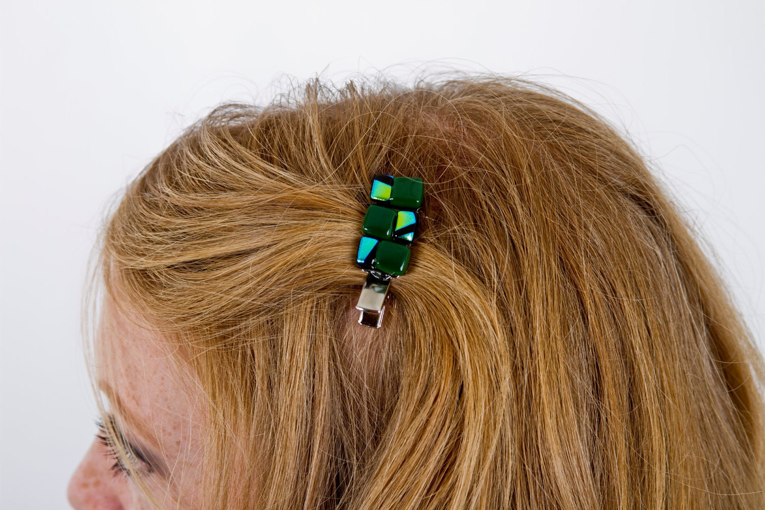 Meadows Hair Clip with Dark Green, Gold, and Blue Dichroic Fused Glass