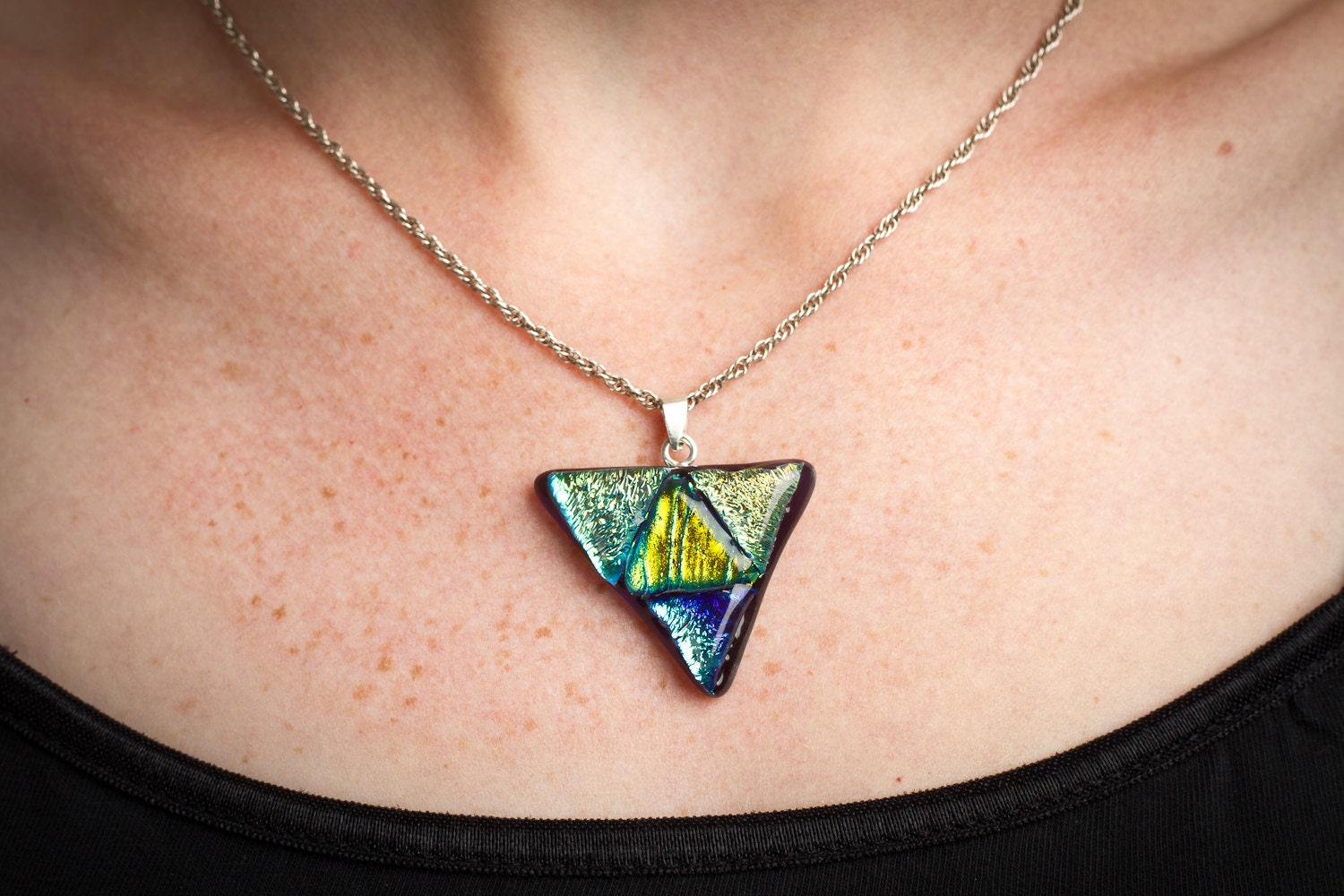 Dichroic Fused Glass Pendant in Triangular Shape on Black