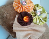 Fall Fabric Flowers & Ruffle Headband, Brown Yellow Green Tan, Elastic, Jewels