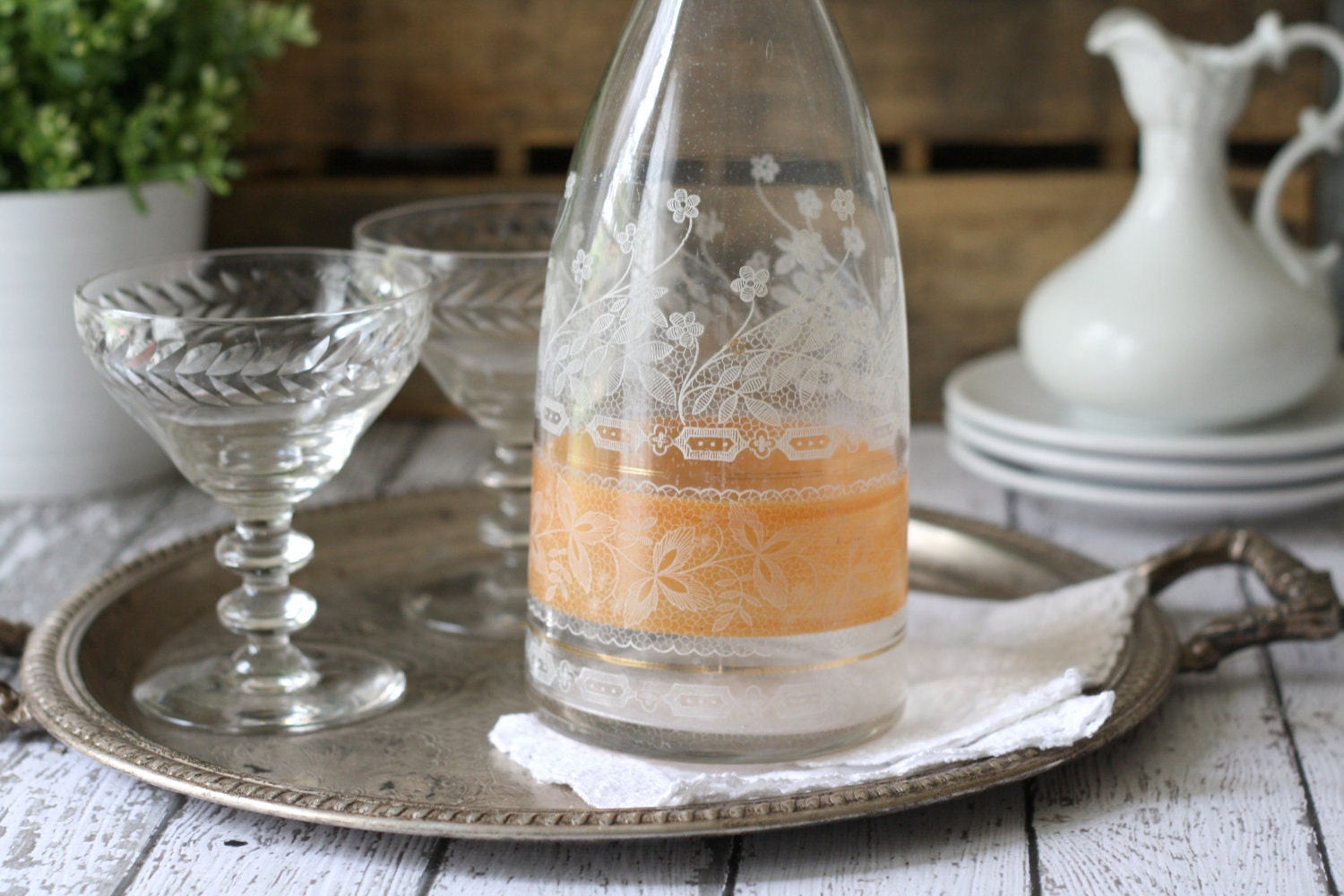 Vintage French Etched Bottle with flowers and tangerine stripe detail